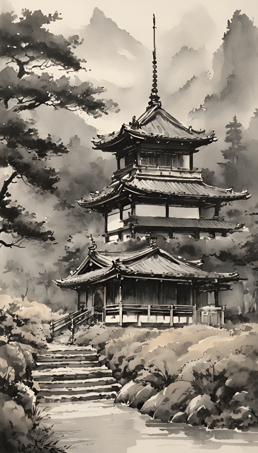 image of a pagoda in a japanese landscape with a stream