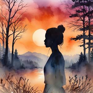 painting of a woman standing in front of a lake at sunset