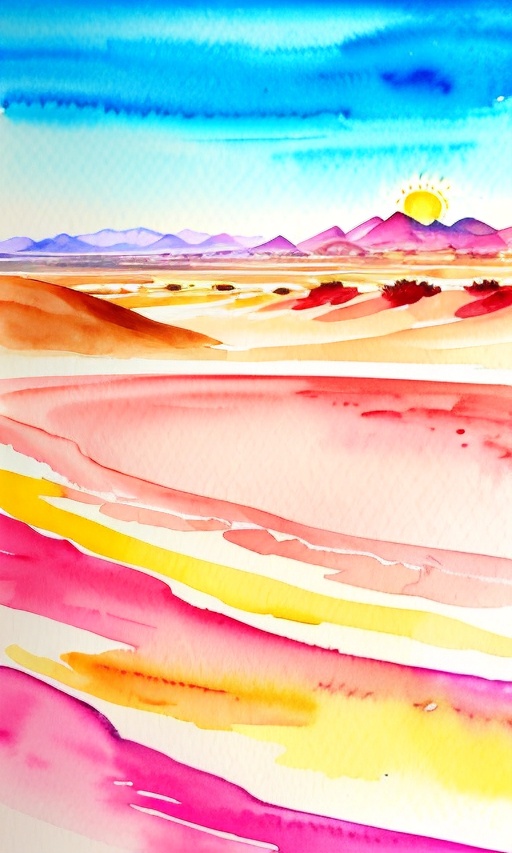 painting of a desert scene with a bright sun in the sky