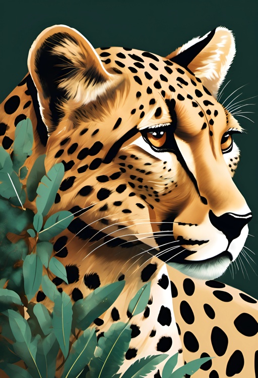 painting of a cheetah in a green background with leaves