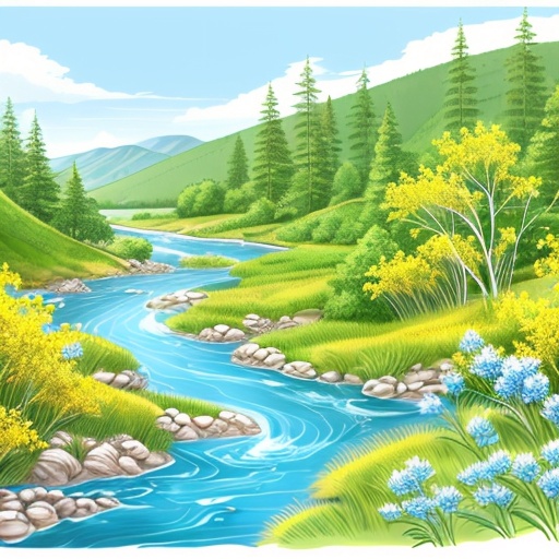 a cartoon river in a green valley with trees and flowers