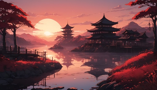 a painting of a pagoda in the middle of a lake