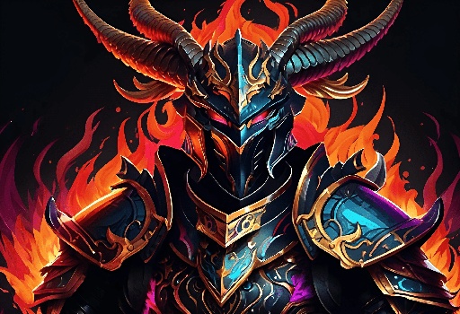 a close up of a demon with horns and a sword