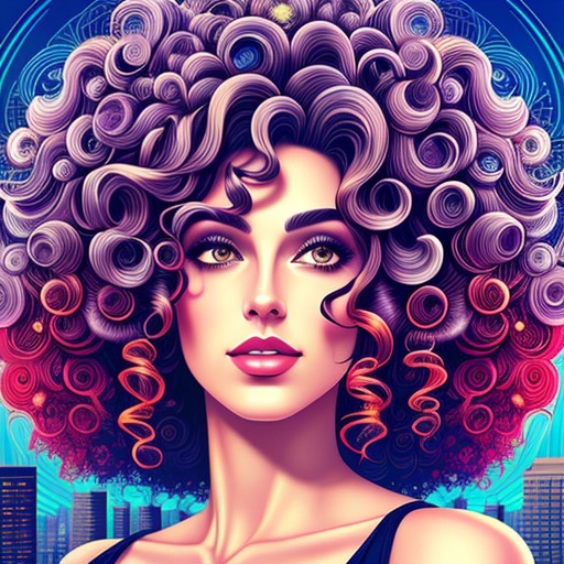 a close up of a woman with a curly hair and a city skyline