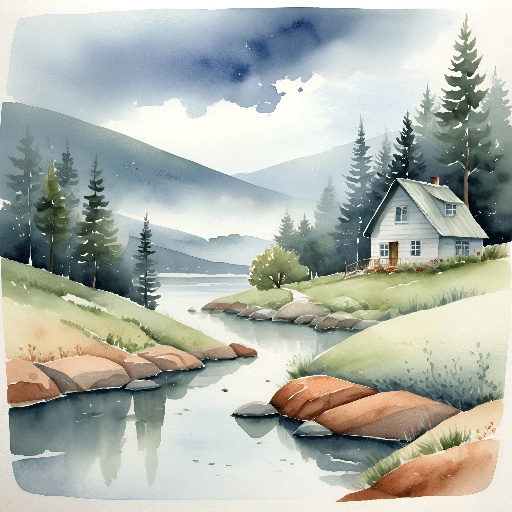 a painting of a house on a hill by the water