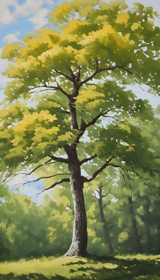 painting of a tree in a grassy area with a blue sky