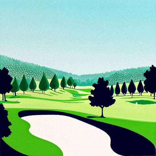 a picture of a golf course with trees and a river