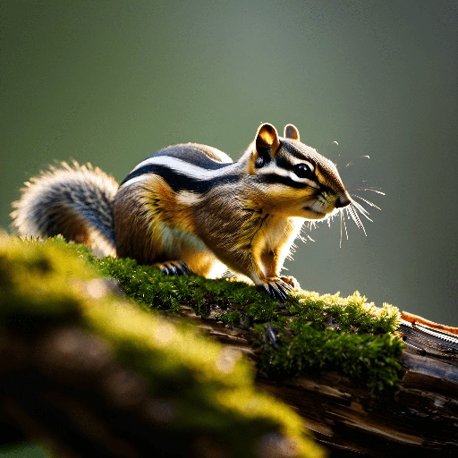 a small chipmunt sitting on a mossy log