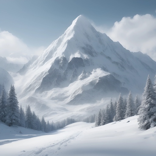 snowy mountain with a snow covered peak and trees in the foreground