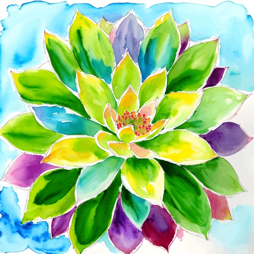 painting of a colorful flower with green leaves on a blue background