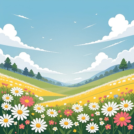 a field with flowers and trees on a sunny day