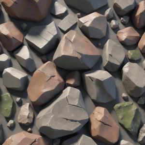 a pile of rocks and stones that are brown and green