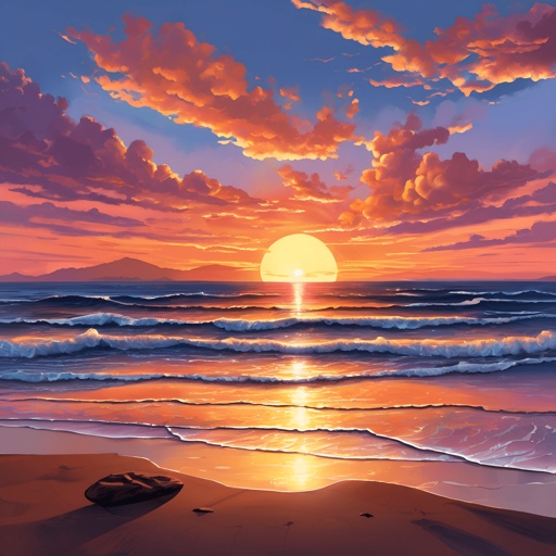 painting of a sunset over the ocean with a boat on the beach