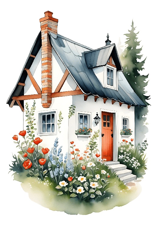 a house with a red door and a flower garden