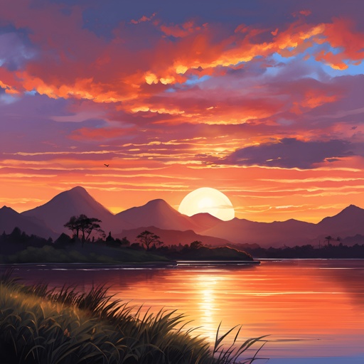 painting of a sunset over a lake with mountains in the background
