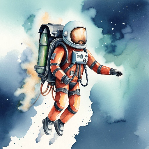 painting of an astronaut in a space suit with a backpack and a rocket