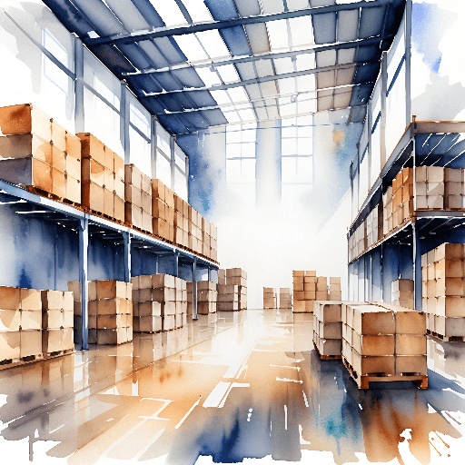a painting of a warehouse with boxes on the shelves