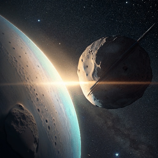 spaceship approaching a planet with a star in the background