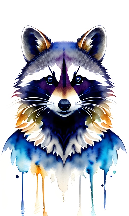 painting of a raccoon with a colorful face and a white background