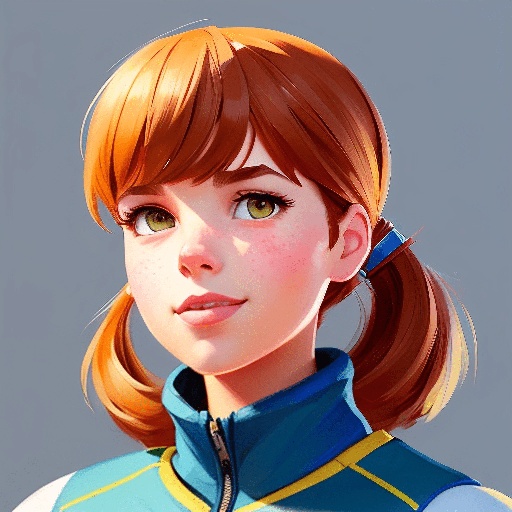 a close up of a cartoon girl with a ponytail and a blue jacket