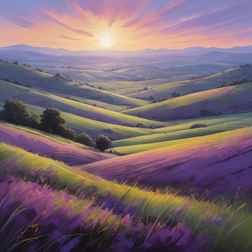 painting of a sunset over a hilly landscape with lavender fields
