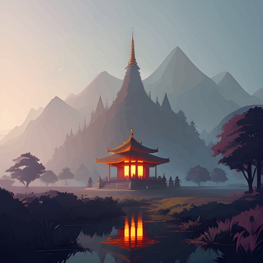 a painting of a pagoda in the middle of a lake