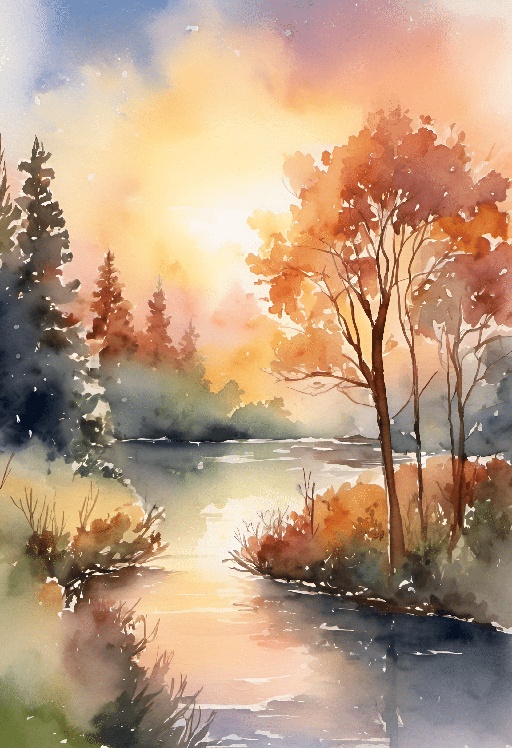 painting of a river with trees and watercolor paints
