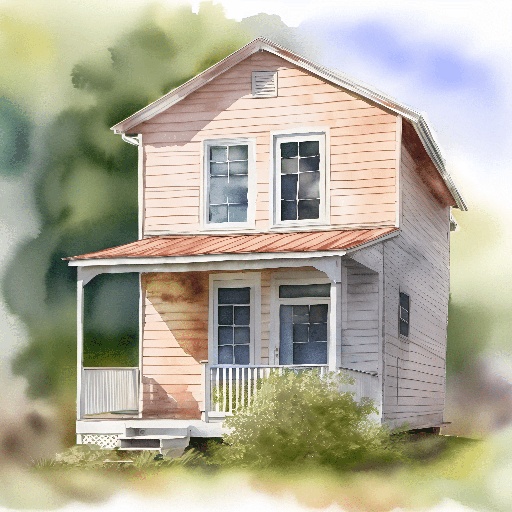 painting of a house with a porch and a porch railing