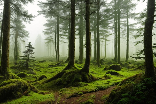 forest with moss covered rocks and trees in the fog