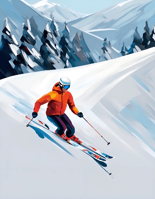 skier in orange jacket skiing down a snowy mountain slope