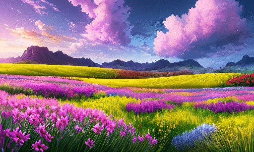 purple flowers in a field with mountains in the background