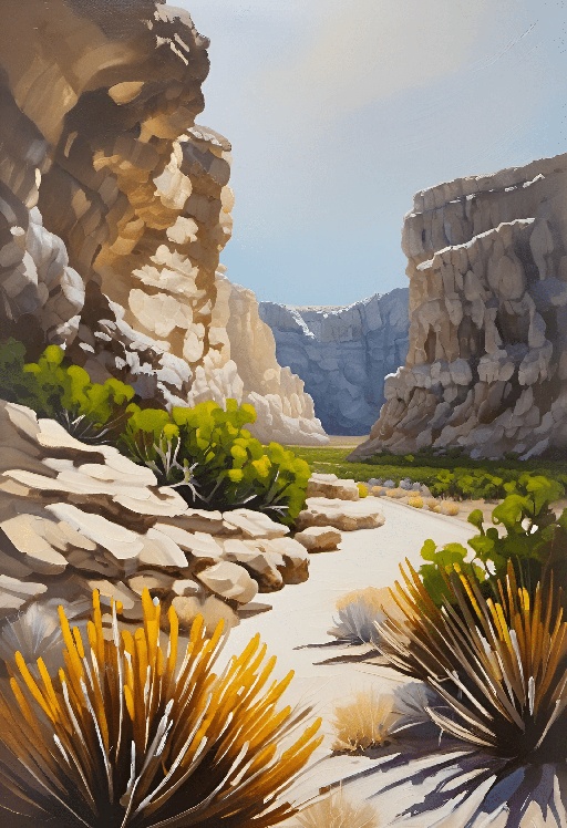 painting of a desert scene with a river and rocks