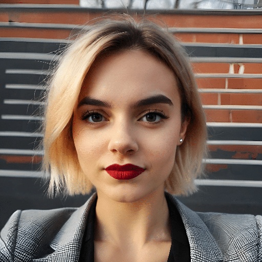 blond woman with red lipstick and black blazer posing for a picture