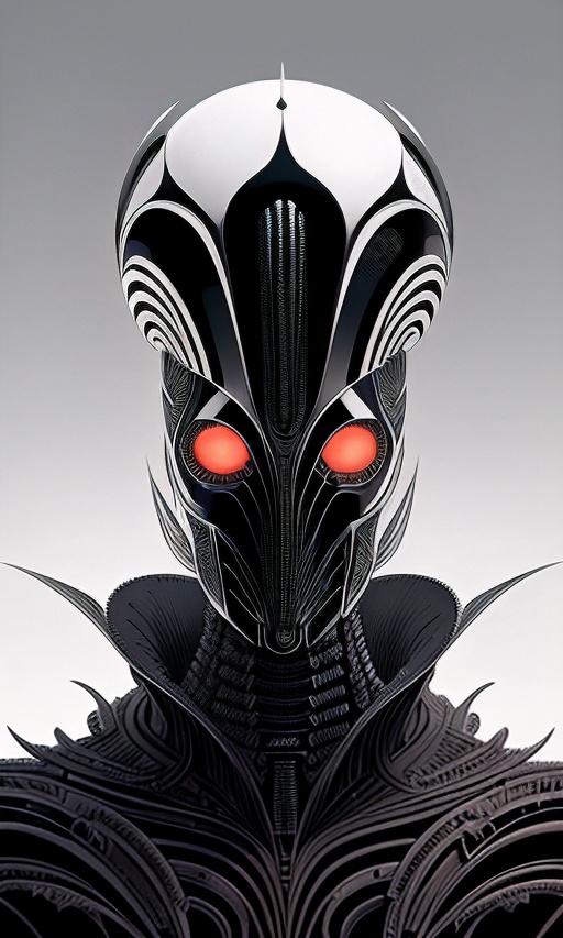a black and white alien with red eyes