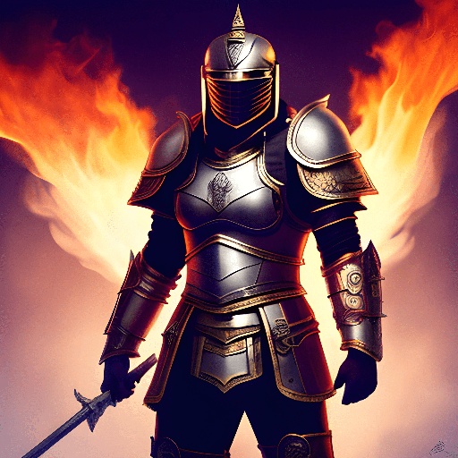a man in armor holding a sword and a fire