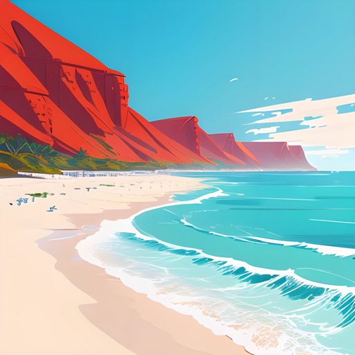 a painting of a beach with a red cliff in the background