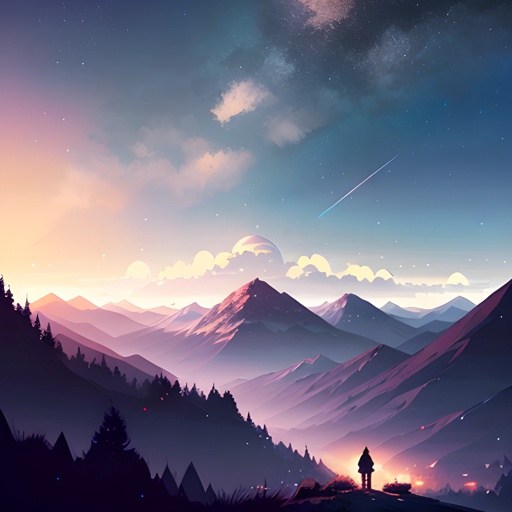 mountains with a person standing on a hill looking at the stars