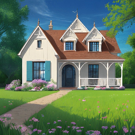 a cartoon of a house in the middle of a field