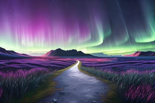 painting of a road leading to a mountain with a bright aurora light
