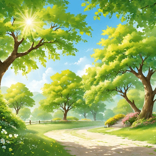 a painting of a path in a park with trees
