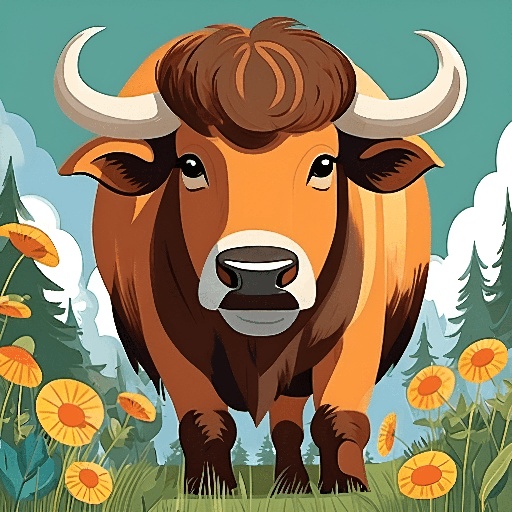a bull standing in a field of flowers with trees in the background