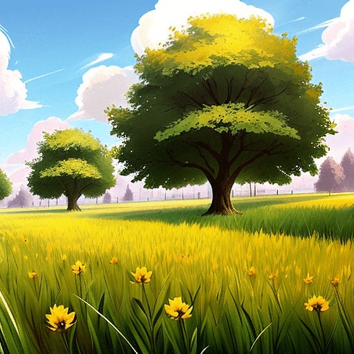 a picture of a field with yellow flowers and trees