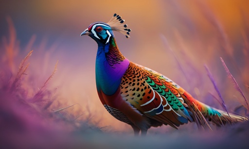 with colorful feathers standing in a field of tall grass