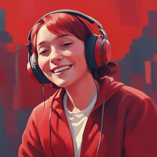 a woman with headphones on smiling and wearing a red jacket