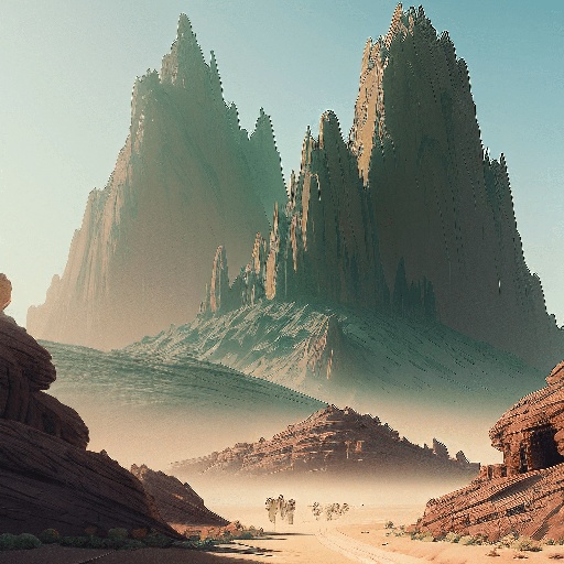 there are many people walking in the desert with mountains in the background