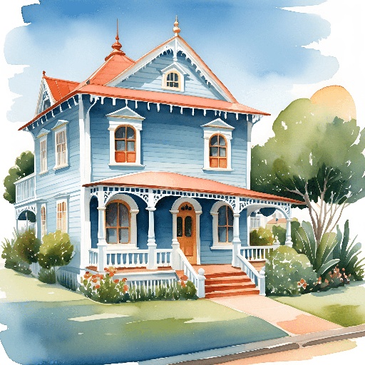 painting of a blue house with a red roof and a red door