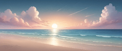 painting of a sunset over the ocean with a beach and a boat