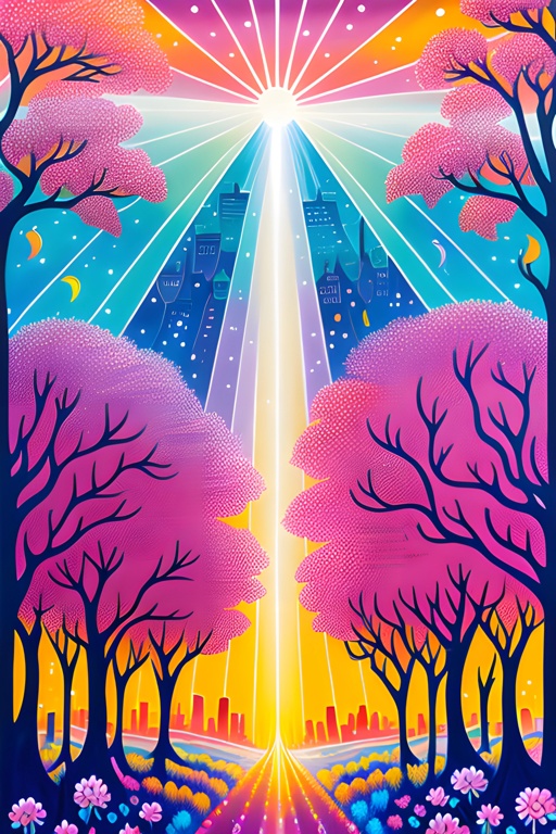 brightly colored illustration of a city with a star shining over it