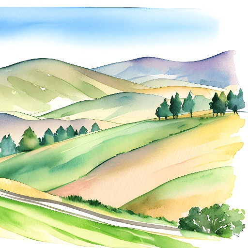 a watercolor painting of a green hill with trees