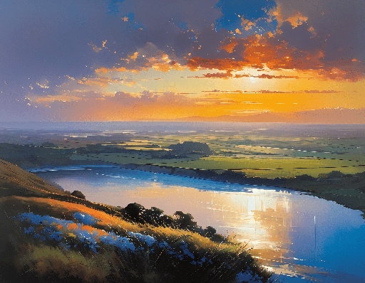 painting of a sunset over a lake with a mountain in the background